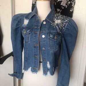 Embellished Denim Jacket with Puff Sleeves